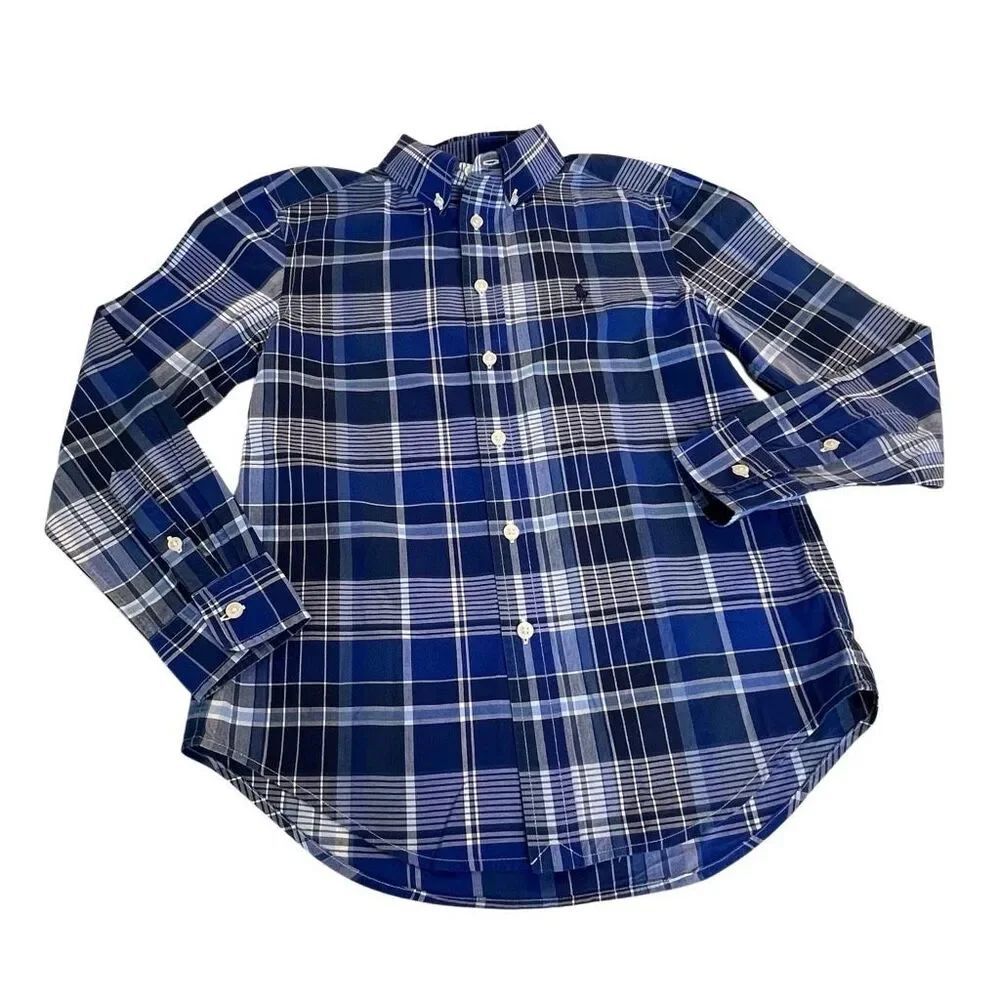 Polo Ralph Lauren Boys Plaid Natural Stretch Button Down Shirt Blue Size M 10-12
